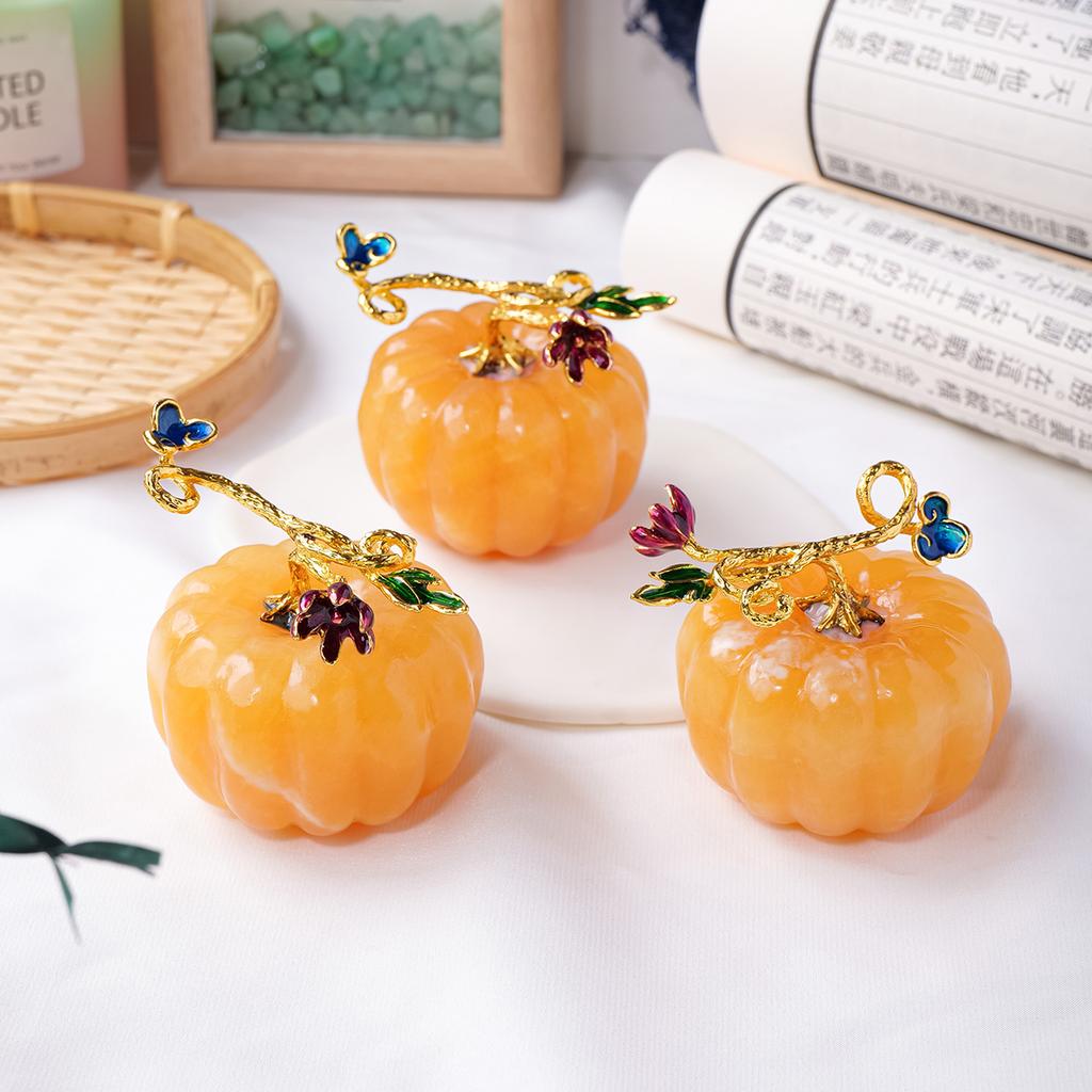 Natural Yellow Calcite Pumpkin Figurine with Enamel Flower Ornament for Thanksgiving Home Decor Feng Shui Crystal Gift