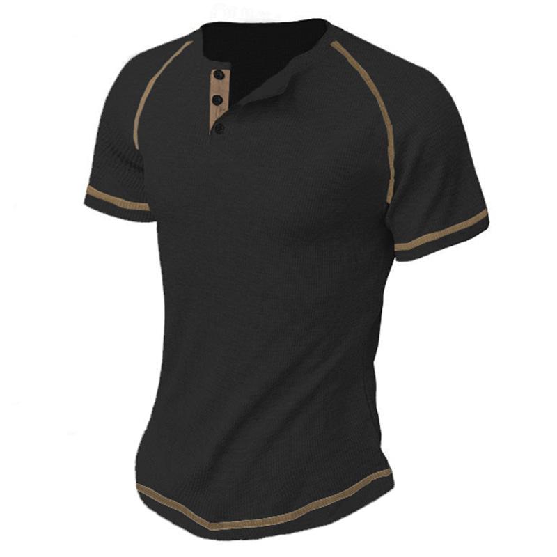 Мужская повседневная свободная летняя рубашка-henley с коротким рукавом и контрастной отстрочкой