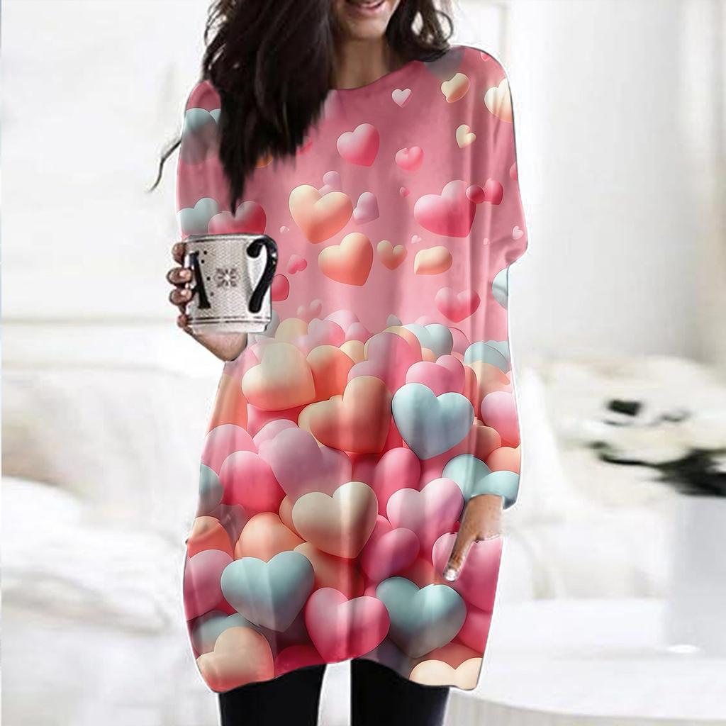 Женский модный повседневный топ с длинным рукавом и круглым вырезом ко Дню святого Валентина с принтом в виде сердца