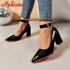 Fashion Aphixta Crystals Buckle Pimp Strap Patent Leather 7cm Chunky Heels Official Pumps 2cm Belt Buckle Pointed Toe Women Shoes