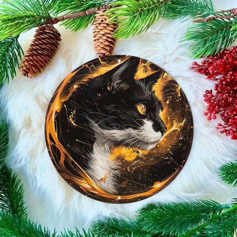 Black and White Cat with Yellow Eyes, Round Wooden Wall Sign, Durable, Protected, Outdoor and Indoor Decor, 8x8 In, 1PC
