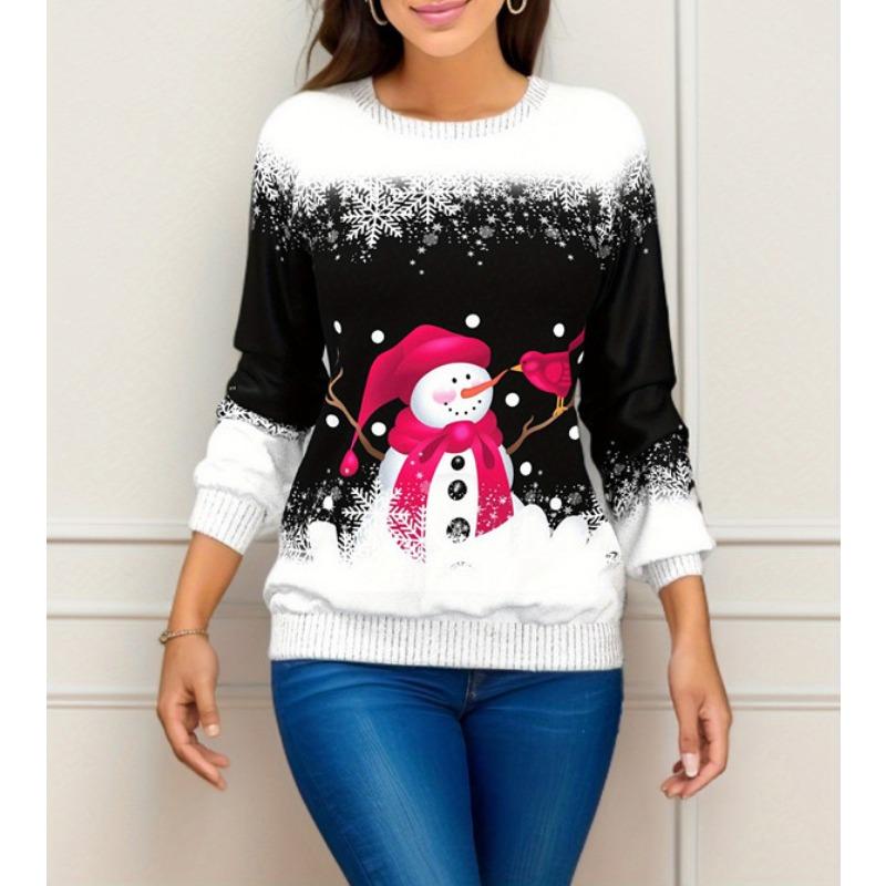 Women's Blouse Round Neck Christmas Print Loose Long Sleeve Top