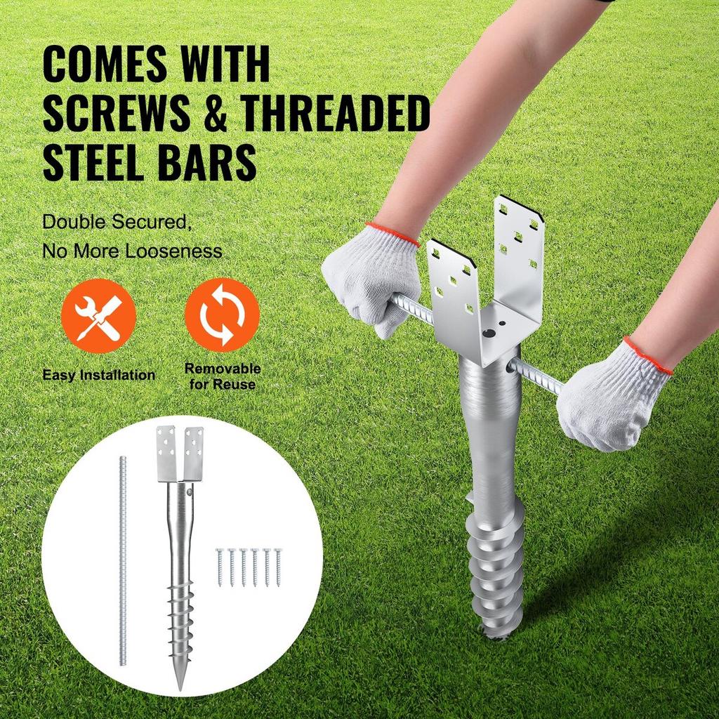 No Dig Ground Anchor, 4 Pack 3.94 x 2.76 x 27.56 in DIY Screw in Post Stake, Includes 6 Lag Bolts & a Rebar, U-Shape Heavy Duty Steel Post Holder,
