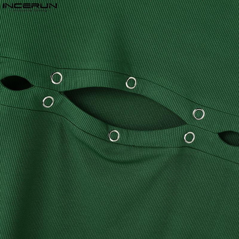 INCERUN Men Turtleneck Long Sleeve Hollow Tops Slim T-shirts