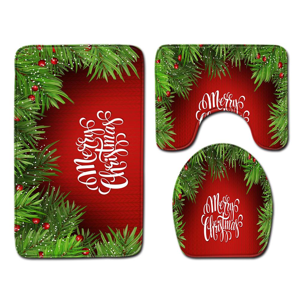 Christmas Shower Curtain Floor Mat Combination Four-Piece Set Bathroom Toilet Carpet Shower Room Mat Foot Mat