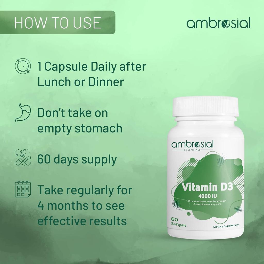 Витамин D3 Ambrosial 4000 МЕ (100 мкг) |Таблетки с витамином D для здоровья костей и зубов |Поддерживает иммунитет и мышечную функцию (Упаковка из 1-60 мягких капсул)