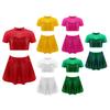 Girls Shiny Sequins Dance Set Stand Collar Crop Top Short Sleeves Mesh Patchwork Open Back Design Matching Skirt Outfit