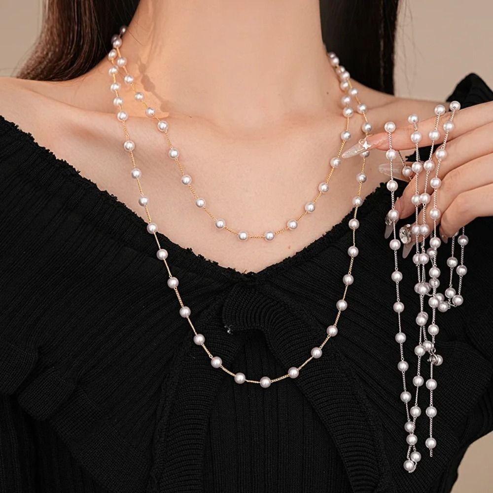 Fashion Sweater Chain Simulated Pearl Collarbone Chain Elegant Long Pearl Necklace  Beach