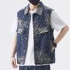 Retro Trendy Motorcycle Denim Vest Men Spring Autumn High Street Stylish Loose Jacquard Sleeveless Vest Outerwear