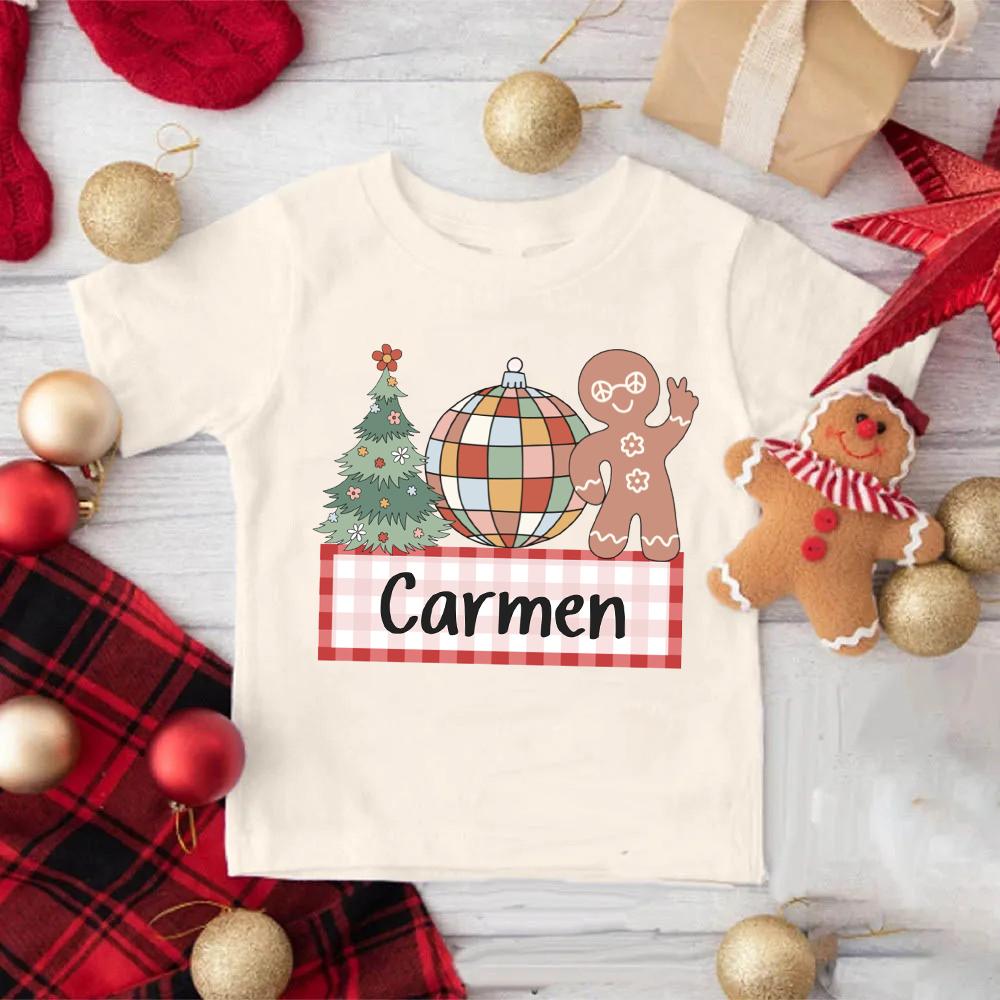 Персонализированная Рождественская Детская Футболка Имя Рождественская Вечеринка Наряд для Мальчика Девочки Детская Футболка в Ретро Стиле Малыш Рождество Праздничные Футболки