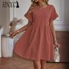 HNXC Женская мода лето весна однотонный принт О-образный вырез высокая талия повседневные платья