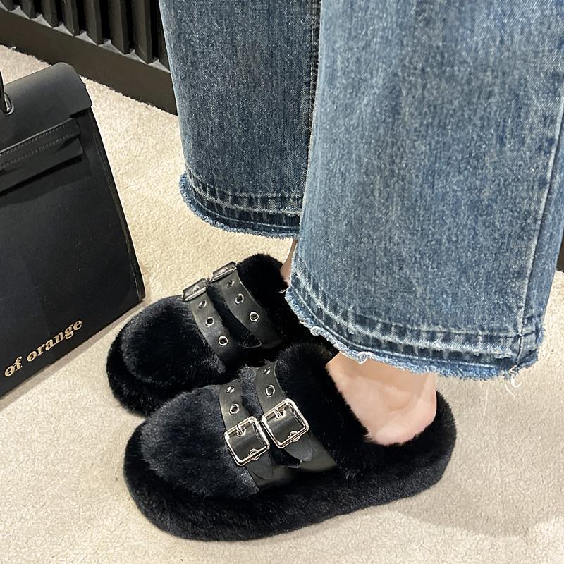 Fashion Women Fashion Warm Fluffy Slippers Cozy Faux Fur Cross Indoor Floor Slides Women New Metal Buckle Design Flat Soft Warm Slippers