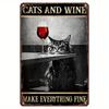 Charming Cat & Wine Metal Wall Art - 20.32x30.48cm Vintage Tin Sign for Cat Lovers, Easy Install, Perfect for Home or Office Dec