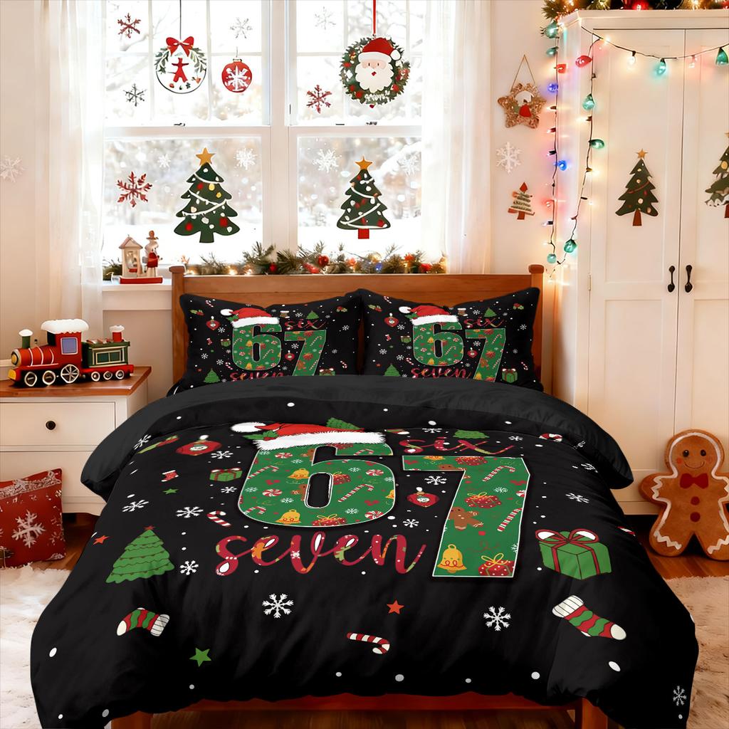 3pcs Merry Christmas 67 element black print coreless duvet cover set multi size bedroom bedding, holiday decoration