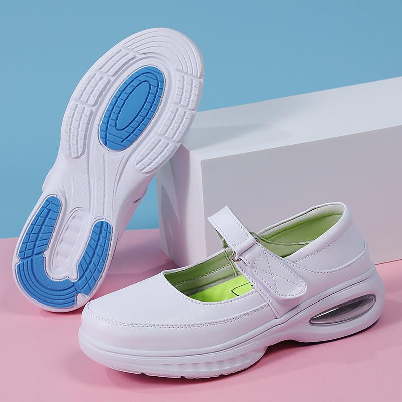 Fashion Leather Air Cushion Nurse Shoes Breathable Women Ladies Thick Soled Shoes Non-Slip White Medical Shoes One-Step Flat