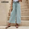 Summer Women's Pants Elastic Waist Solid Color Cotton Linen Belted Wide Leg Pants Loose Nine Minute Pants