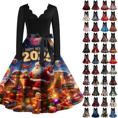 Женское рождественское платье 2025 года с принтом, V-образным вырезом и большим подолом, платье с длинными рукавами