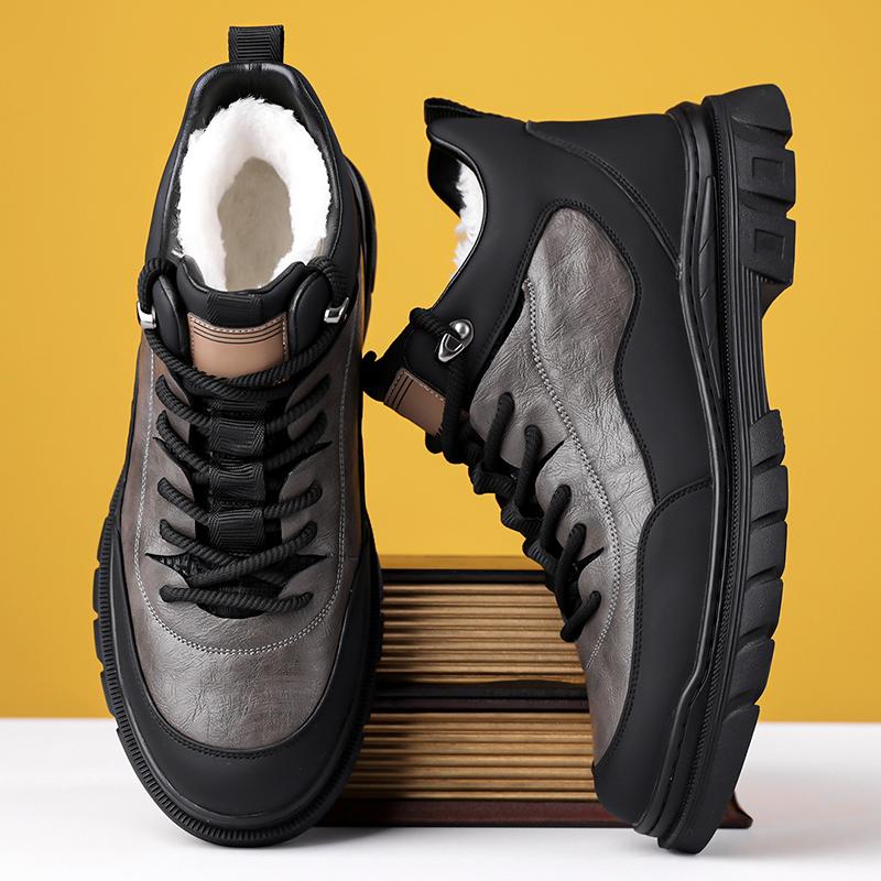 Men Winter Plush Leather High Top Boots Outdoor Hiking Casual Motorcycle Ankle Boots Warm Non Slip Snow Shoes