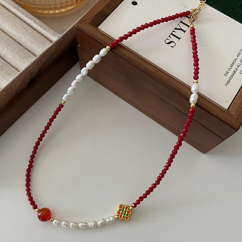 New Chinese Agate Beaded Necklace, Millet Bead Collarbone Chain, Guochao Retro Freshwater Pearl Sweater Chain, High-End Women