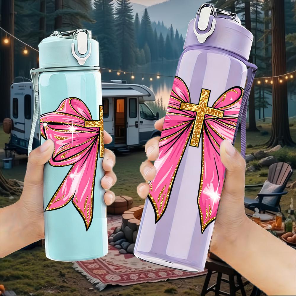 1PC Shiny Large Pink Bow 750ml Color Plastic Sports Water Bottle Leakproof Flip Straw Lid Suitable for Sports Office Home Use