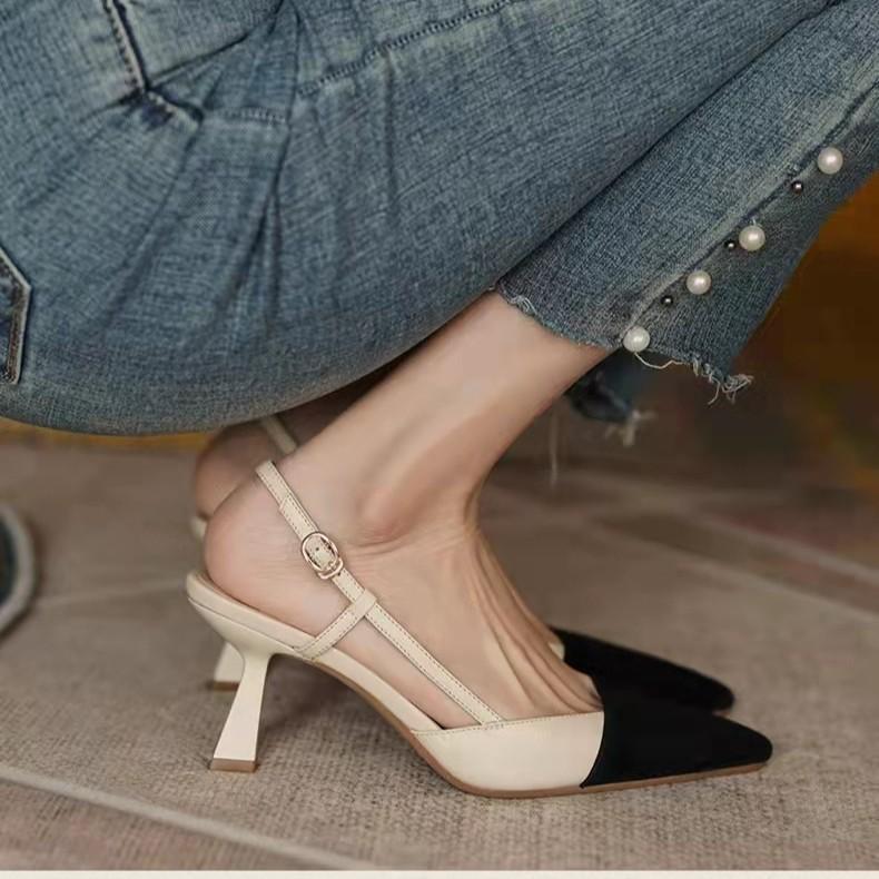 Босоножки женские Baotou 2025 Xia Xin из мягкой кожи с заостренным носком, пряжка с одним словом, тонкая пятка в тон, светлый носок, высокие каблуки