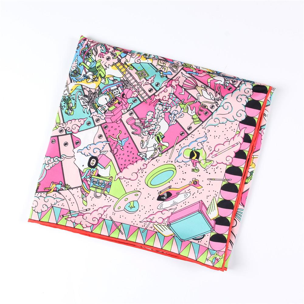 Manual Hand Rolled Twill Silk Scarf Women Hopi Print Square Scarves Wraps Echarpes Curled Foulard Femme Bandana Hijabs 90CM