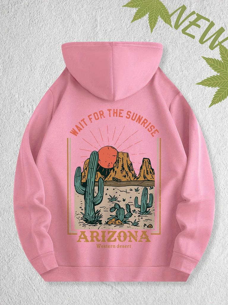 Men's Loose Trendy Hooded Sweatshirt with Arizona Desert Print, Fall/winter Casual Daily Pullover Hooded Sports Shirt.