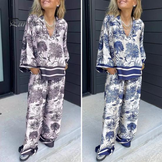 2 Pcs/Set T-shirt Pants Set Floral Print V Neck Long Sleeve Bohemian Striped Top Wide Leg Elastic Waist Pockets Trousers Lady Casual Clothes