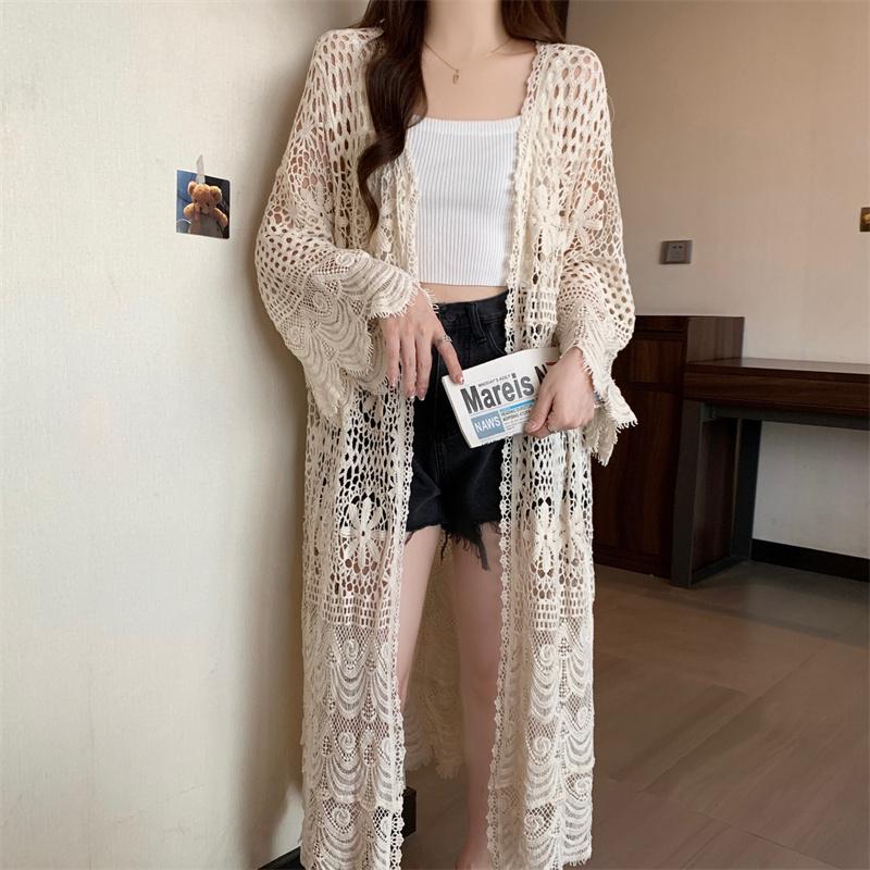Dimanaf 2025 Новый кардиган женский вязаный кружевной длинный жилет ажурный летний стиль базовые топы футболки свободная одежда