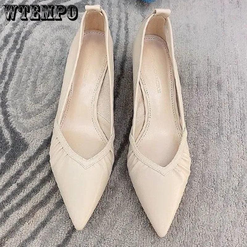 WTEMPO Solid Color High-heeled Shoes Women's Spring and Autumn Thin Heel Pointed Toe Pleated Soft Leather Soft Sole Middle Heel Breathable Shoes