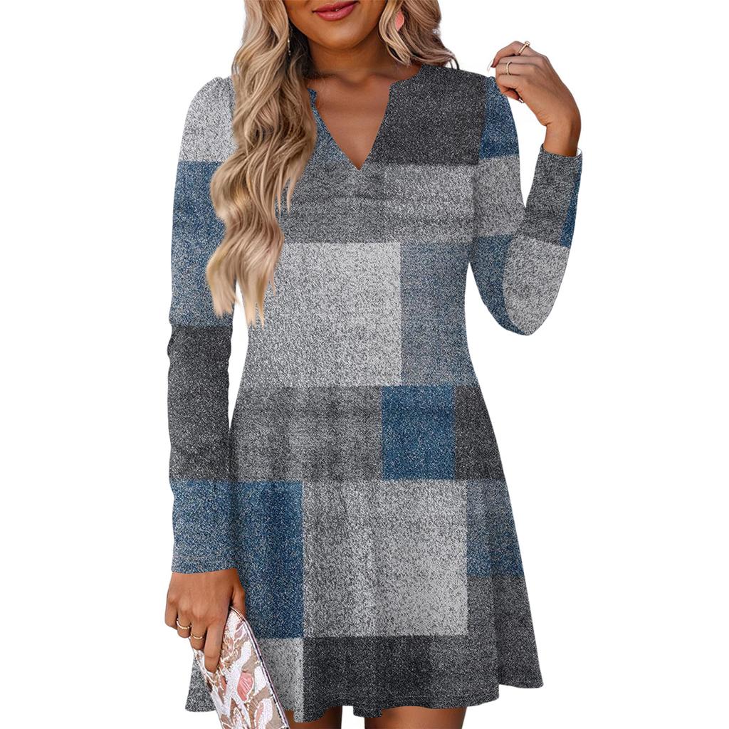 Women's Fashion Floral Print V-Neck Long Sleeve  Dress