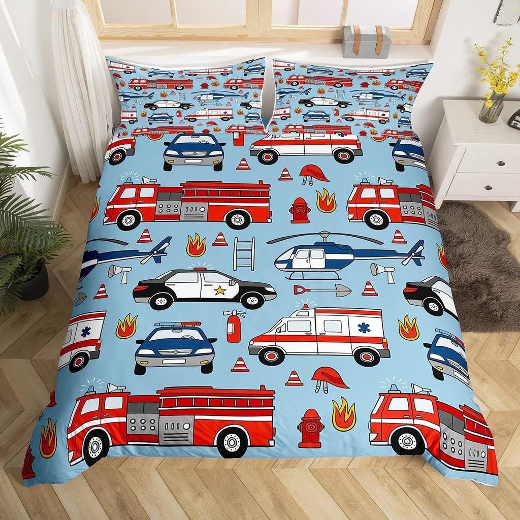 Fire Truck Duvet Cover Twin Queen Size,Kids Cute Car Road Traffic Print Comforter Cover Cartoon City Map Firefighter Bedding Set