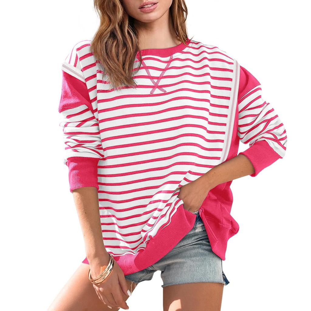 Большие толстовки для женщин свободного кроя с круглым вырезом в полоску с цветными блоками и длинными рукавами