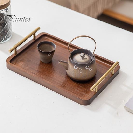 Бамбуковый поднос для чашки чая с металлической ручкой в ​​деревенском китайском стиле, большая вместимость, прямоугольная деревянная подставка для сервировки фруктов, стеллаж для хранения кухонных принадлежностей