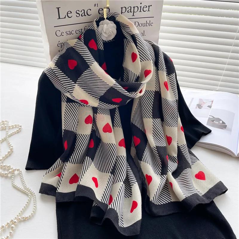 Double Side Imitation Cashmere Scarf Winter Women's Love Heart Plaid Ladies Long Thickened Warm Knitted Scarf Hijab Stole