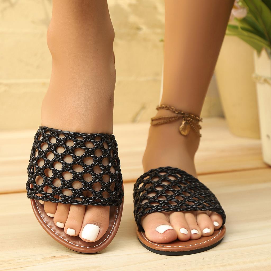 New Simple Casual Woven Hollow Flat Bottom Women's Flat Heel Breathable Slippers
