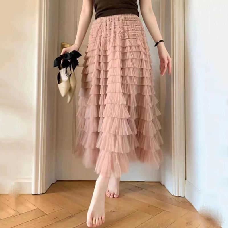 Qooth Осенняя сетчатая пышная длинная юбка в корейском стиле, элегантная винтажная бальное платье с эластичной резинкой на талии и высокой талией, газовая тюлевая юбка QT1989