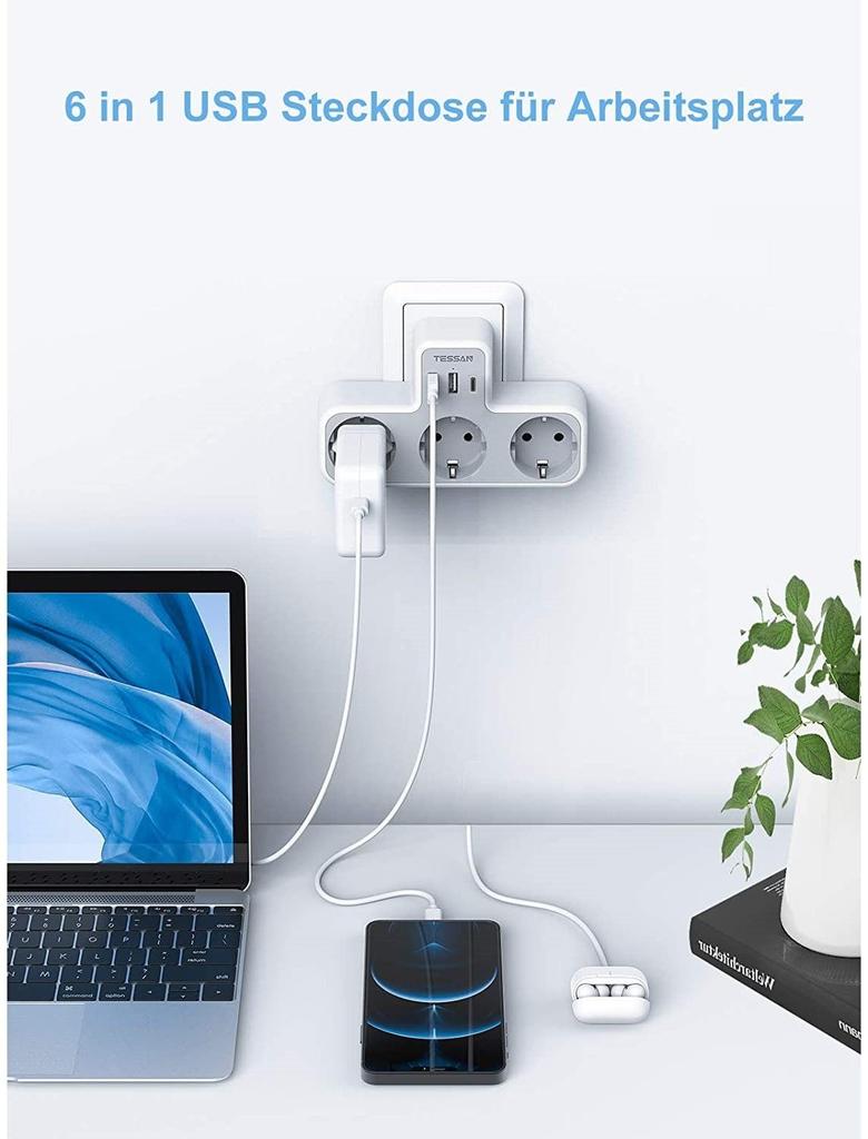 Tessan Multiple Power Strip Electrical EU Plug Extension Socket 3 Outlets with 2/3 USB Ports Wall Charger Adapter for Home Travel