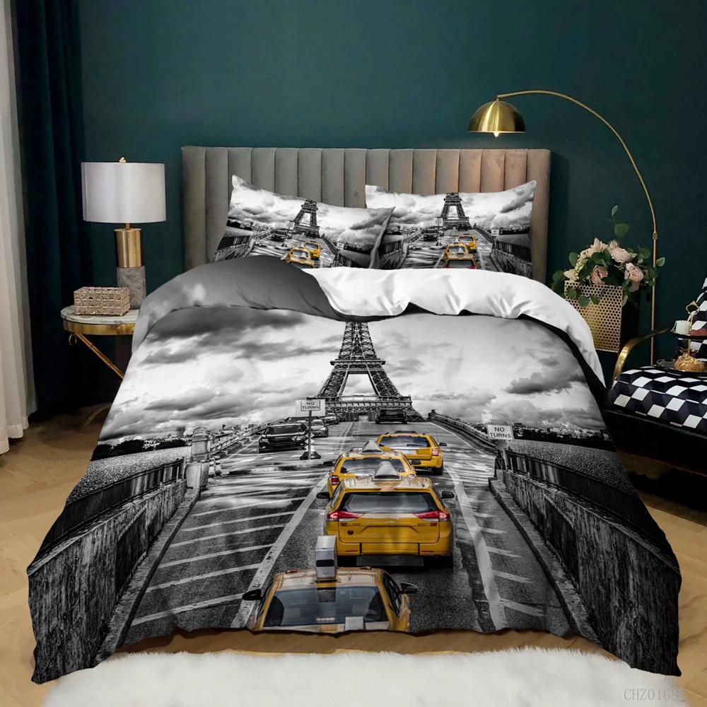 Retro Architectural Duvet Cover Woman In Red Dress Violin Eiffel Tower Double Queen King Polyester