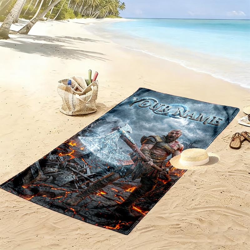 Name Custom Kratos God of War Print Beach Towel, Large Soft Quick Dry Towel for Beach Camping Swimming