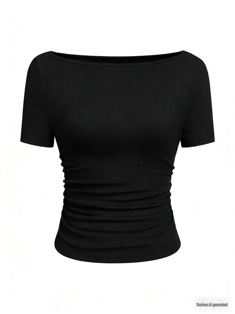 2025 Осень Приталенный женский топ с вырезом лодочкой, рукавами-колокольчиками и сборками - Однотонный, с длинным рукавом