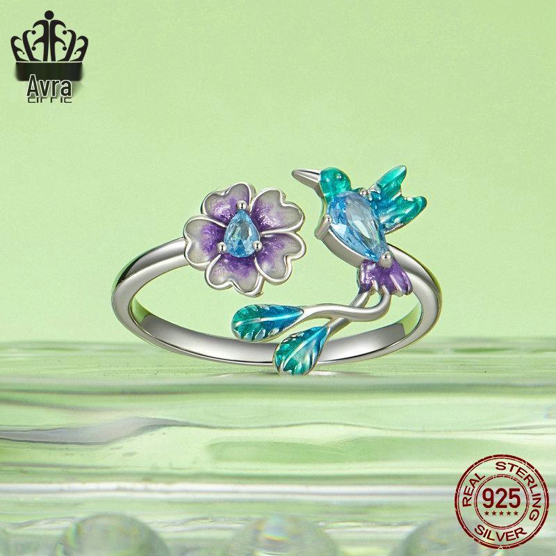 Avle Spring Bird & Flower Adjustable Open Ring - S925 Sterling Silver for Women