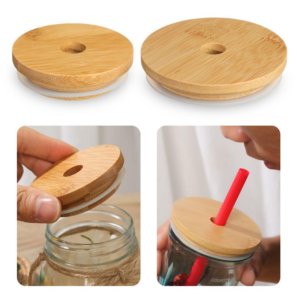 Storage Bottles Silicone Seal Ring Mason Jar Lid With Straw Hole Wide Mouth Cup Bamboo Wood Lids