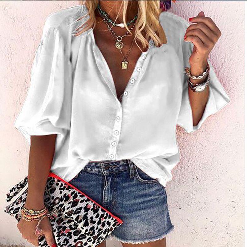 Stylish Women's 3/4 Sleeve Shirt Top Comfortable Loose Fit Button Down Blouse T-shirt
