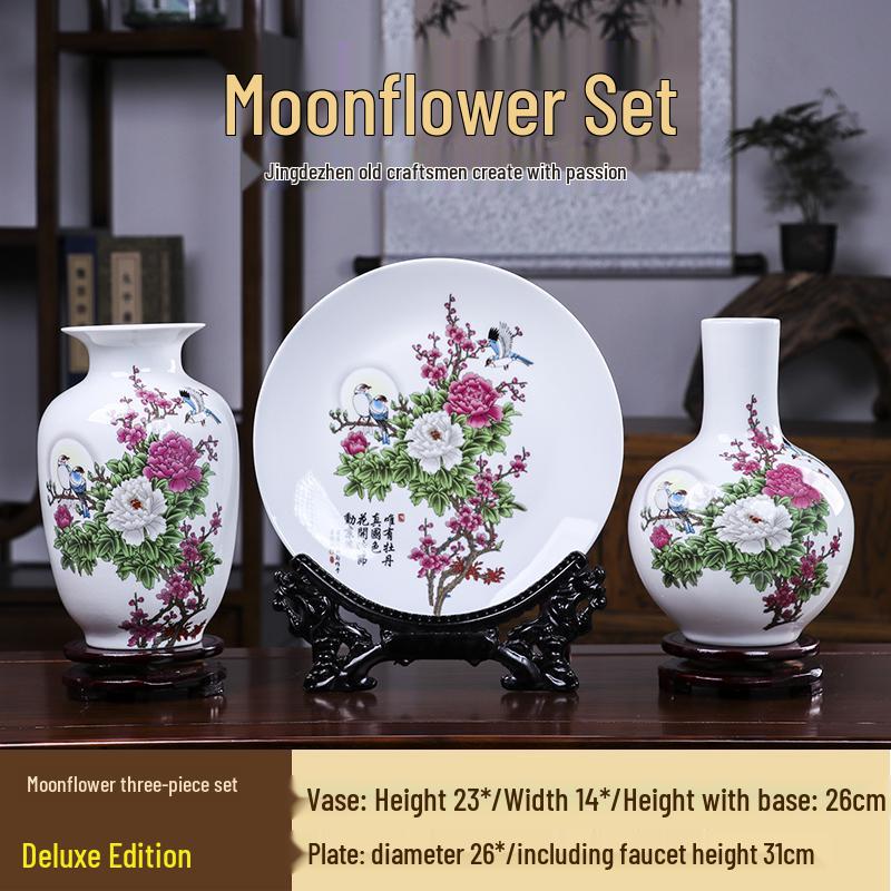 Good Fortune Jingdezhen Ceramic Vase Set: 3-Piece Décor for Living Room, Curio Shelf, or TV Cabinet