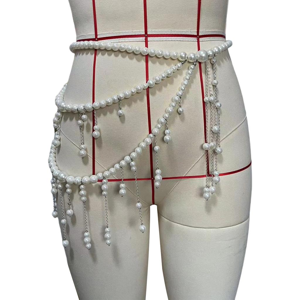 Multilayer Long Imitation Pearls Waist Chain Belt with Tassel Women Elegant Body Chain Accessory for Dresses and Sweater