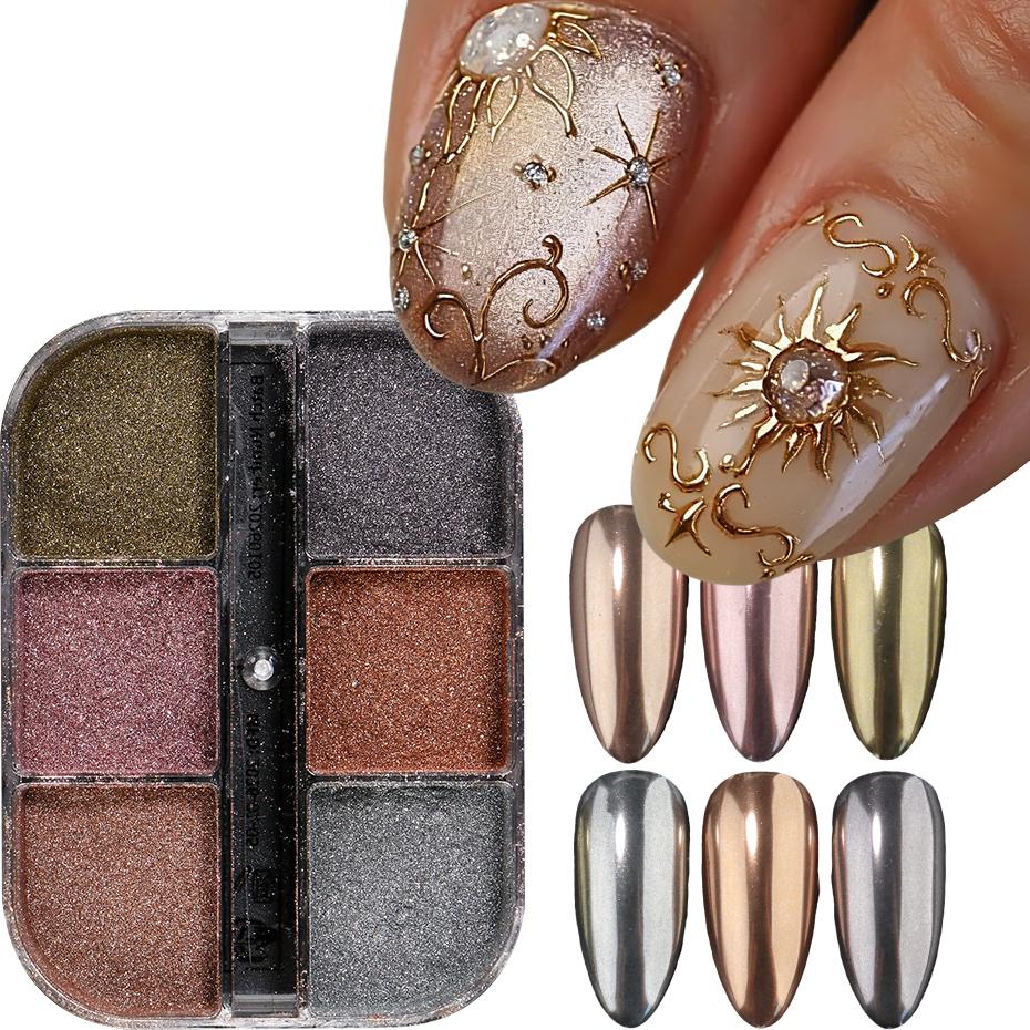 Xiaomi 6 Grids Chrome Nail Powder Pigment Metallic Mirror Nail Art Glitter Rose Gold Silver Dust Gel Polish Acrylic Manicure Decoration