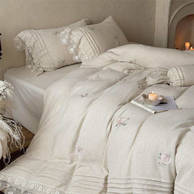 Elegant Rose Embroidery Lace Edge Linen Cotton Bedding Set Double Queen King Size Duvet Cover Flat/Fitted Sheet Pillowcases 4Pcs