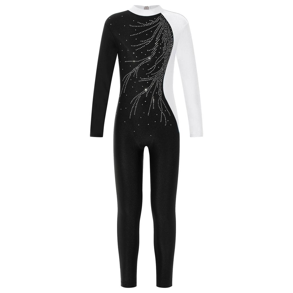 Kids Girls Long Sleeve Shiny Rhinestone Decor Dance Slim Fit Gymnastics Skating Leotard Jumpsuit