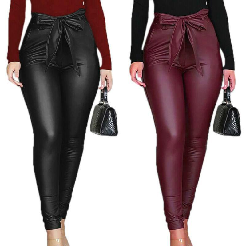 Womens PU Leather Pants Slim Fit High Waist Leggings Jeggings Skinny Trousers with A Belt